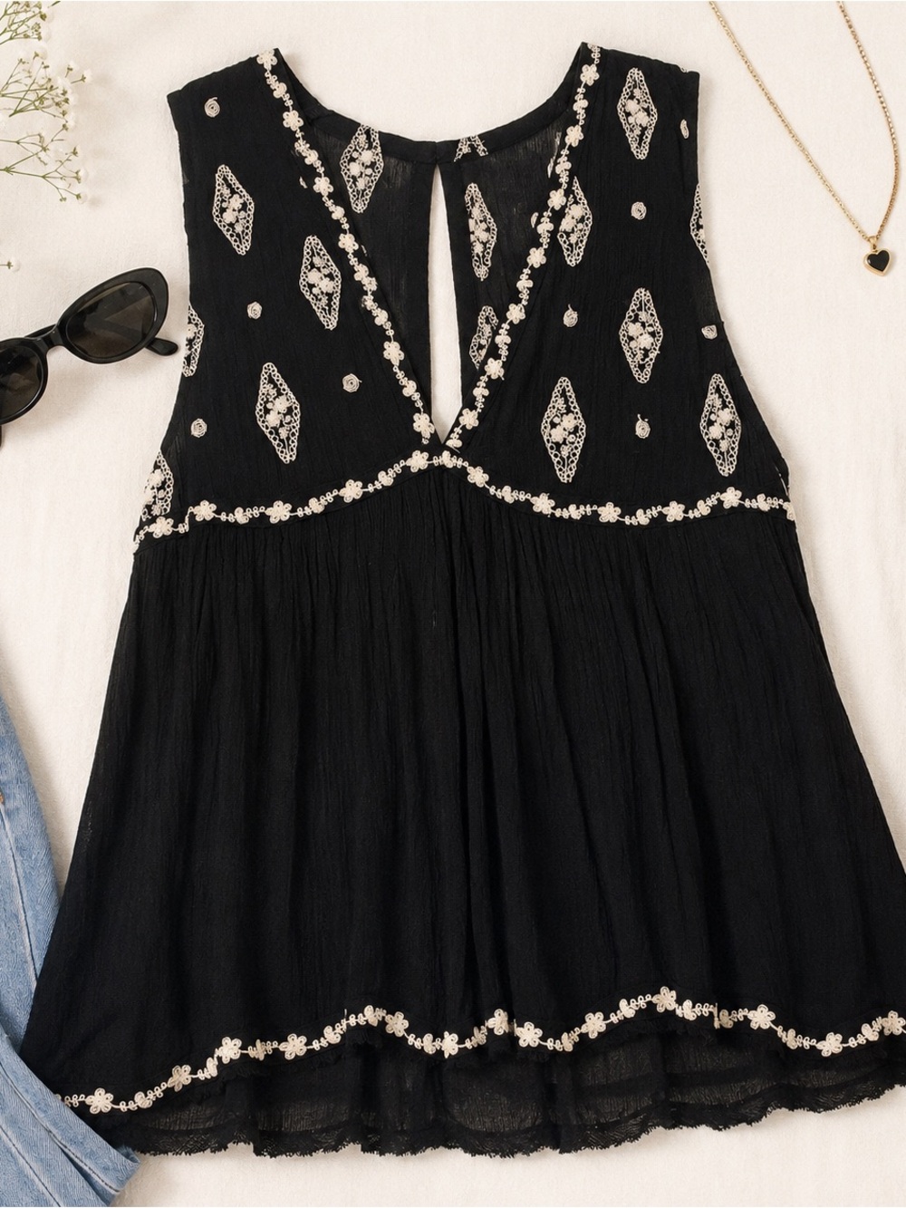 Free People Black Embroidered Boho Gauze Tunic Top XS